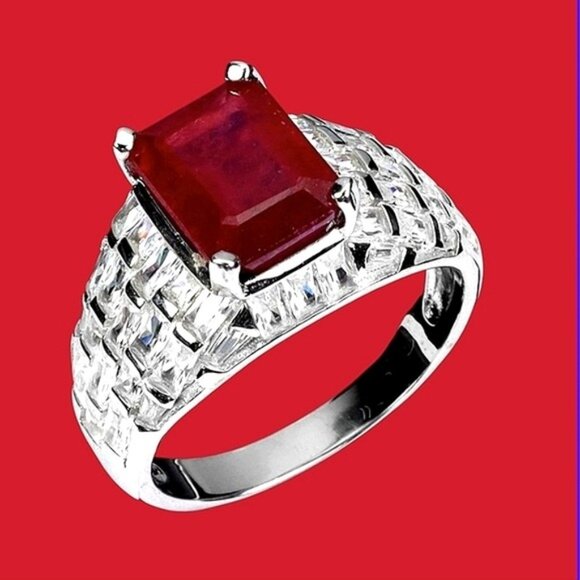925 Sterling Silver Ring SZ 6.5 with Octagon Natural Ruby 9x7mm Gemstone - Picture 1 of 13